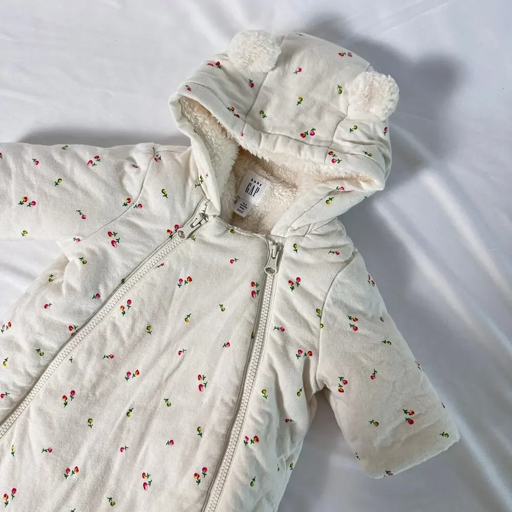 Gap Infant Sherpa Cream Floral Quilted Bunting Hooded Snowsuit w/ Ears Sz 0-3 mo